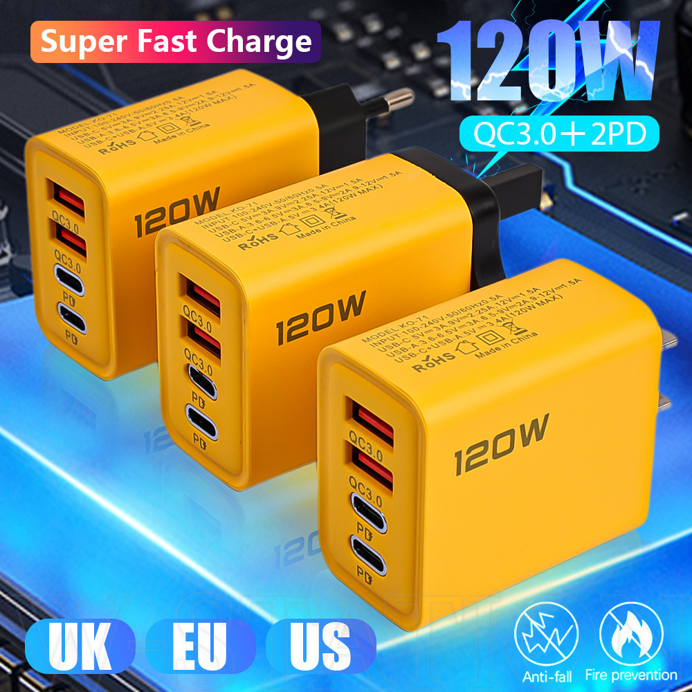 4-in-1 QC3.0 120W Fast CHARGINGชาร์จโทรศัพท์-ใช้งานร่วมกับiPhone 15, UniversalสําหรับAndroid - อะแดปเตอร์ชาร์จหลายพอร์ต-EU/US/UK Plug-Dual PD USB Charger