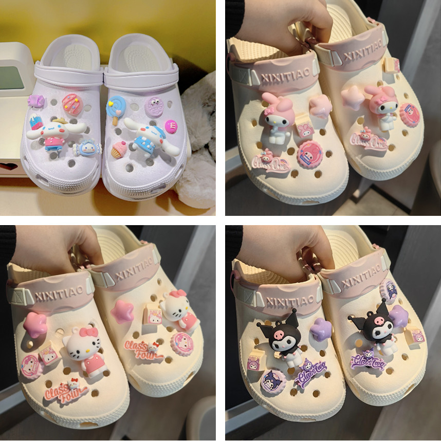 การ์ตูน My Melody Sanrio Jibbits ชุด Cinnamoroll รองเท้า Charms Pins Kuromi Jibits สําหรับออกแบบ Kitty แมวออกแบบสําหรับเด็กรองเท้าอุปกรณ์เสริม
