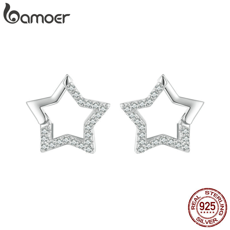 Bamoer 925 เงินสเตอร์ลิง Sliver โพสต์ต่างหู Star Zirconia เครื่องประดับของขวัญสําหรับผู้หญิง