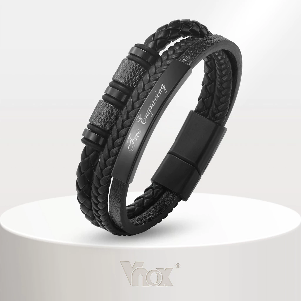 Vnox Custom PU หนังสร้อยข้อมือสําหรับชาย, 18K Gold สแตนเลสส่วนบุคคลกําไลข้อมือของขวัญเครื่องประดับแฟนอุปกรณ์สําเร็จการศึ