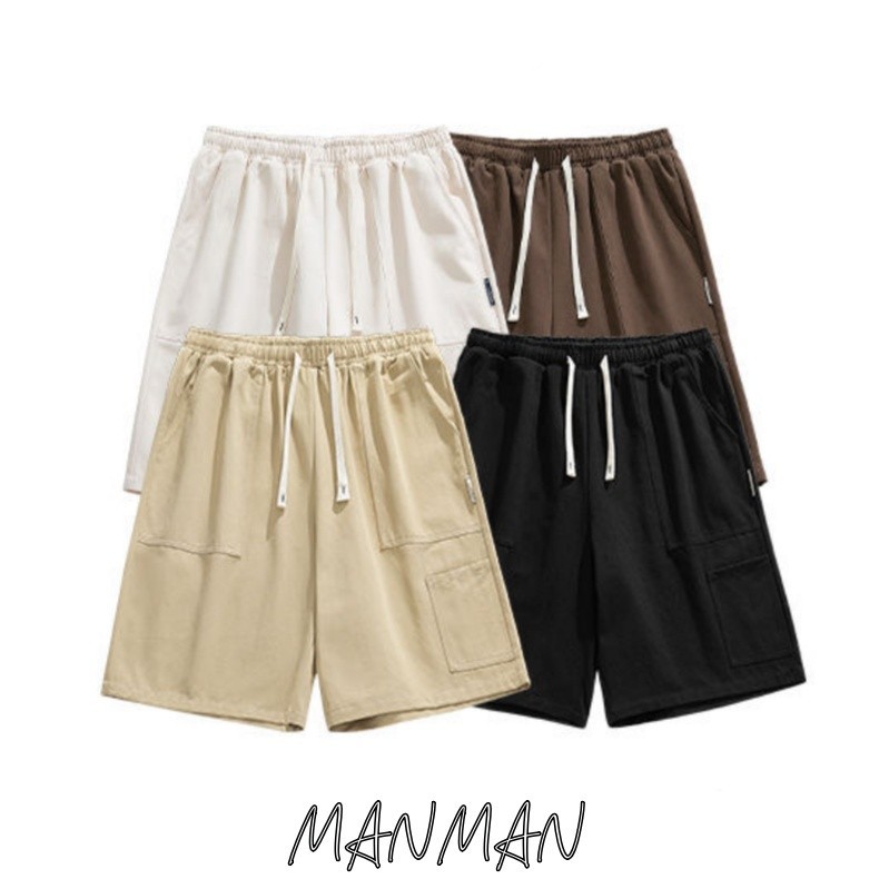 MANMAN กางเกงขาสั้นผู้ชาย ลำลอง แบบหลวม สีล้วน ทรงตรง ใส่ได้ทั้งชายและหญิง