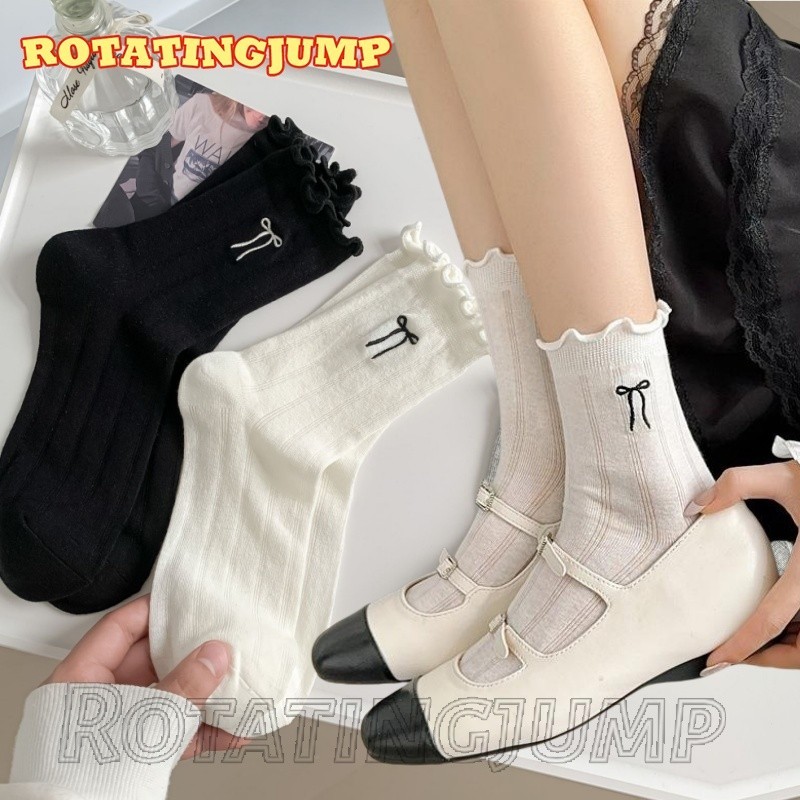2 คู่ โค้งคํานับ รัฟเฟิล ถุงน่อง - เกษตร ขอบ กลาง หลอด ถุงเท้า -สีทึบ, หวาน, เจเค - บางเฉียบ, แถบแนวตั้ง, สไตล์บัลเล่ต์ - ฤดูร้อนสวมอุปกรณ์จับคู่