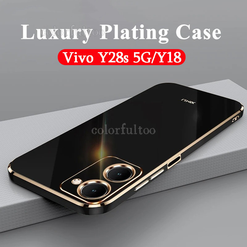 หรูหรา 6D ชุบซิลิโคน TPU เคสโทรศัพท์สําหรับ Vivo Y28s Y18 Y 18 Y 28S VivoY18 4G 5G กันกระแทกกล้องเลนส์ป้องกันปกหลังคู่ปลอกสําหรับ Vivo Y28s 5G 2024
