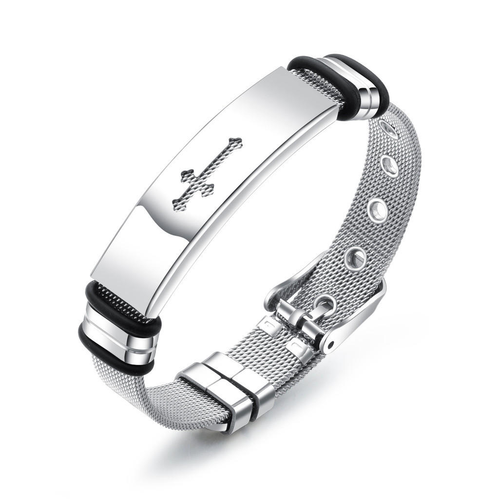 Ht ไทเทเนียมเหล็ก Colorfast Mesh Men Cross Bracelet สร้อยข้อมือสายสแตนเลส