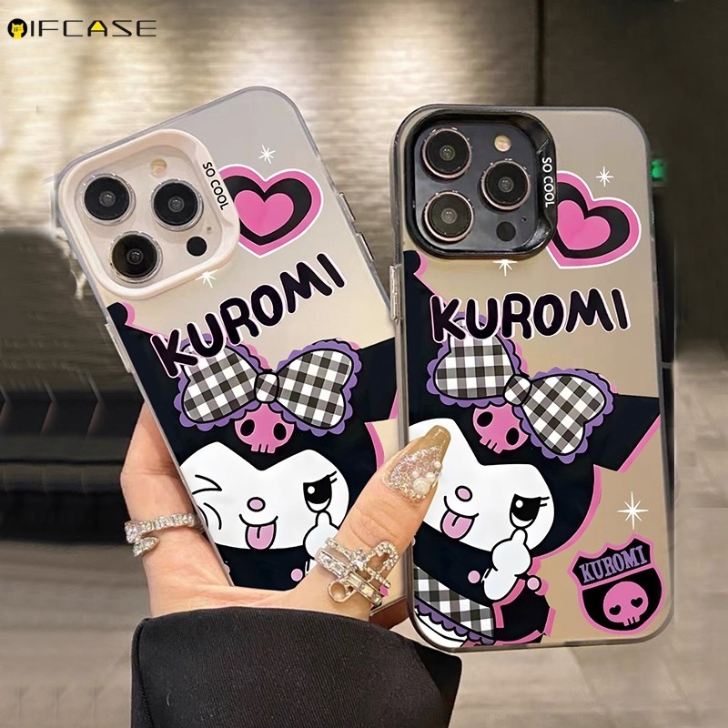 สําหรับ OPPO A56 A56s A55 A55s A54 A54s A53 A53s 4G 5G เคสโทรศัพท์น่ารัก Kuromi สีดําสีขาวลายสก๊อต Bowknot Bow Tie ตลกการ์ตูนเลเซอร์เงา Shining Glitter หรูหราปลอกกรณีฝาครอบ