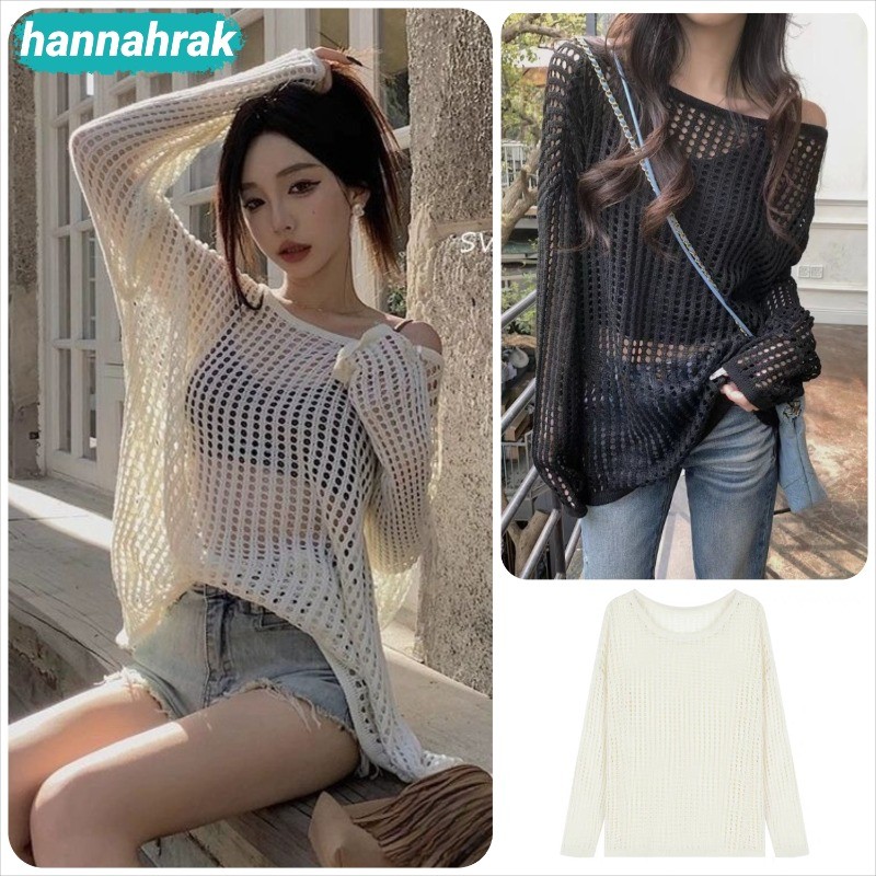 (ส่งจากกรุงเทพฯ)เสื้อยืดผู้หญิง คอกลม สีพื้น แขนยาว เสื้อถักตาข่าย แฟชั่นฤดูร้อน สไตล์ใหม่ เสื้อคลุม เสื้อตาข่าย