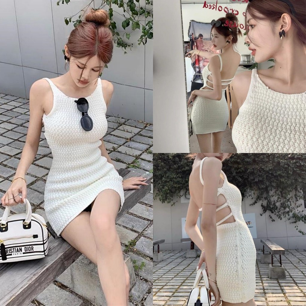 🍎Evelyn​🍎เดรส สีขาว ผ้าถัก แขนกุด รัดรูป โชว์หลัง เดรสมินิมอล ใส่สบาย เซ็กซี่ ดูแพง ใส่เที่ยว
