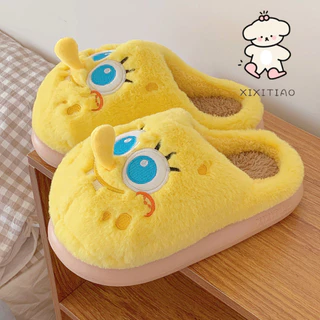 Xixtiao รองเท้าแตะผ้าฝ้าย SpongeBob SquarePants ฤดูใบไม้ร่วงฤดูหนาวสไตล์ Baotou ขนแกะในร่มนุ่มหนา-