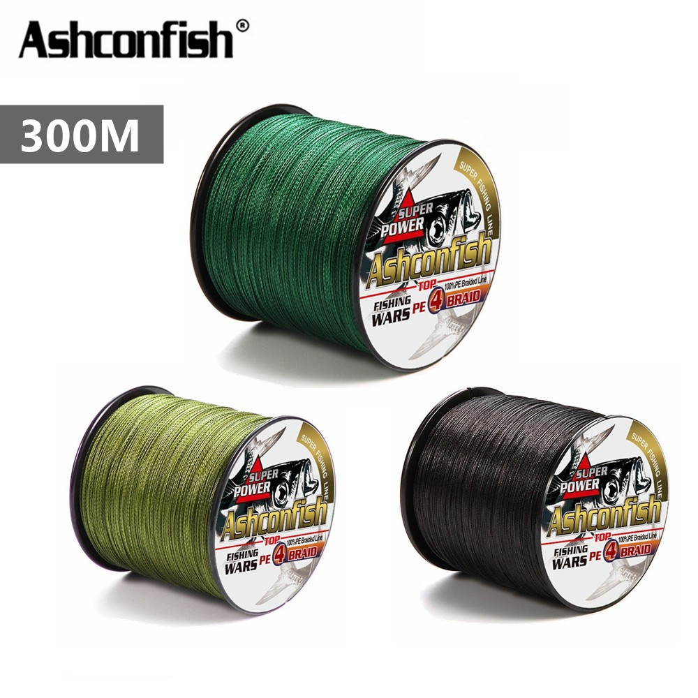Ashconfish 300M 4 Strands Dyneema สายตกปลาถัก 2-100LB สาย PE สีเขียวสายตกปลา Leader Line