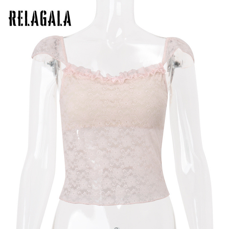 RELAGALA ผู้หญิง 2025 ใหม่สีทึบหวาน Slim Fit แฟชั่นลูกไม้ดูผ่าน Causal Camisole — صورة 6