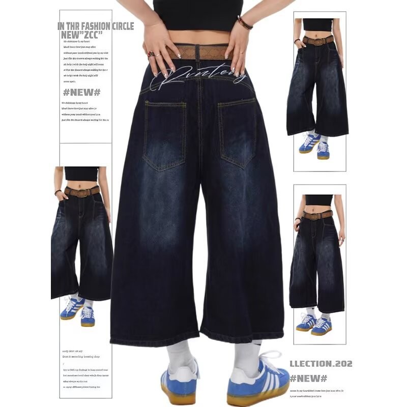 Pannofluxus กางเกงยีนส์ขาสั้นผู้ชาย American high street หลวมสบายๆกางเกงขาสั้นผ้ายีนส์สไตล์ฮิปฮอป