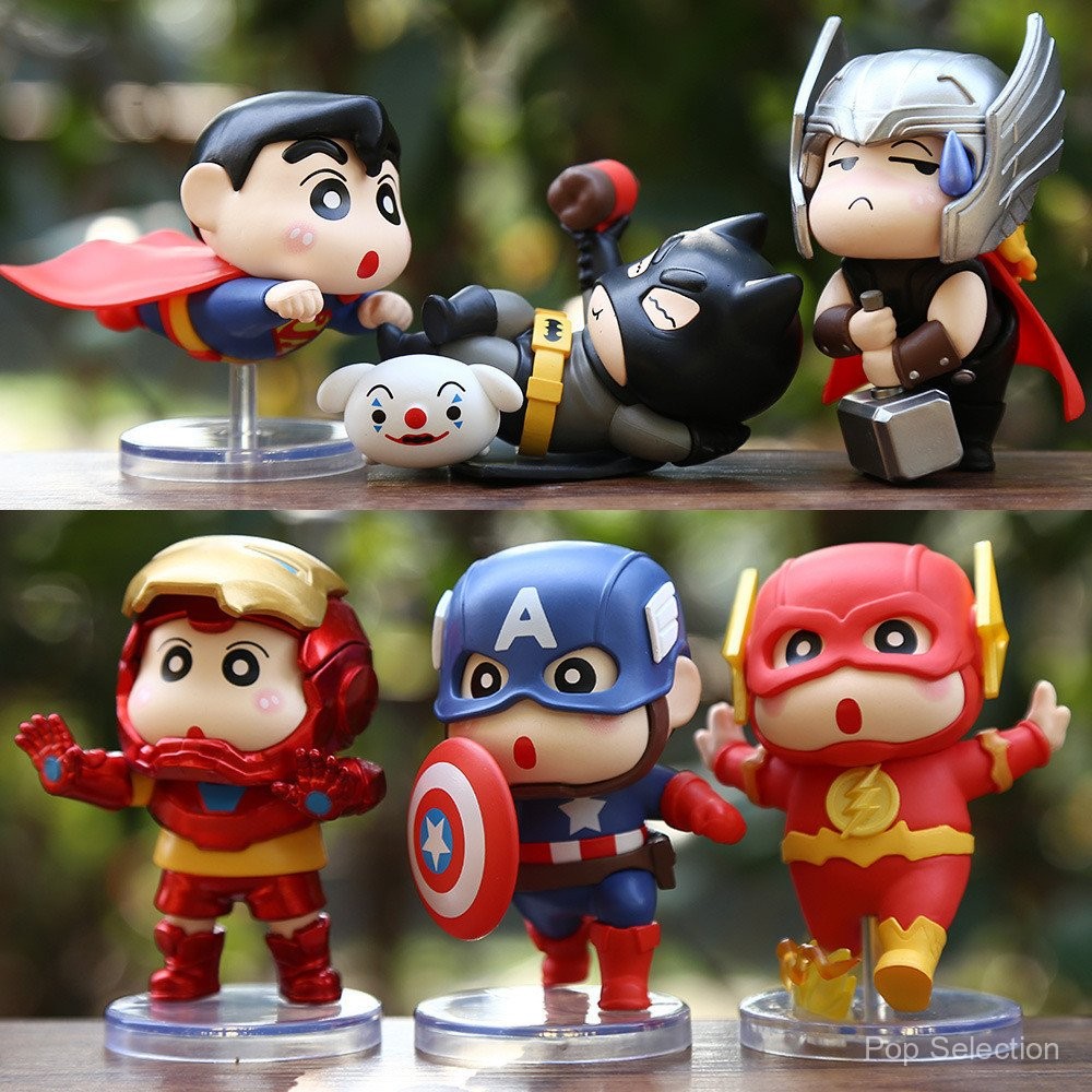 6 ชิ้น/ชุด 6-9 ซม. ฟิกเกอร์อนิเมะ Crayon Shin-chan คอสเพลย์ ดิ อเวนเจอร์ส กัปตันอเมริกา ไอรอนแมน ซูเปอร์แมน แบทแมน ธอร์ เดอะแฟลช เวอร์ชัน Q PVC โมเดลของเล่น