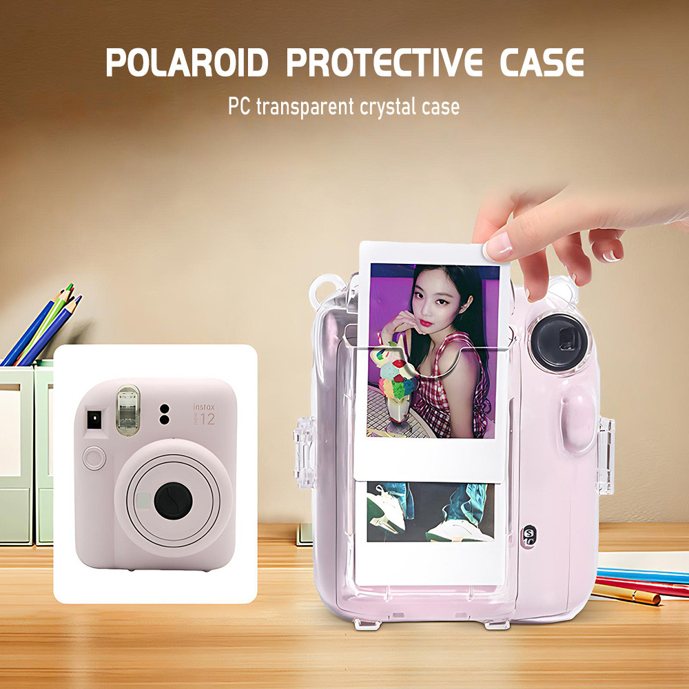 For Fujifilm Instax Mini 11 12 ชุดตัวเรือนกล้องโปร่งใส พร้อมถุงเก็บสายรัดไหล่ ด้วยสติกเกอร์น่ารัก สำหรับMini 11 12