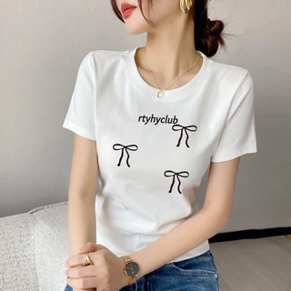 เสื้อยืดแขนสั้นผู้หญิงรุ่นใหม่พิมพ์ลายโบว์ น่ารัก และเซ็กซี่ สีเทา ไหล่หน้า ทรงสลิมฟิต