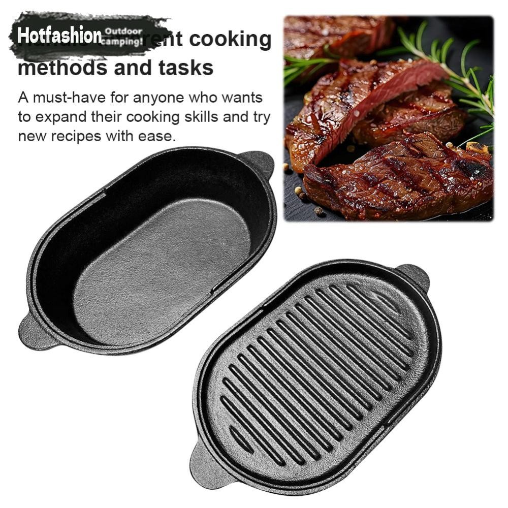 11x 6.3in กระทะเหล็กหล่อกระทะย่างรูปไข่แบบพลิกกลับได้สําหรับทําอาหารในร่มกลางแจ้ง