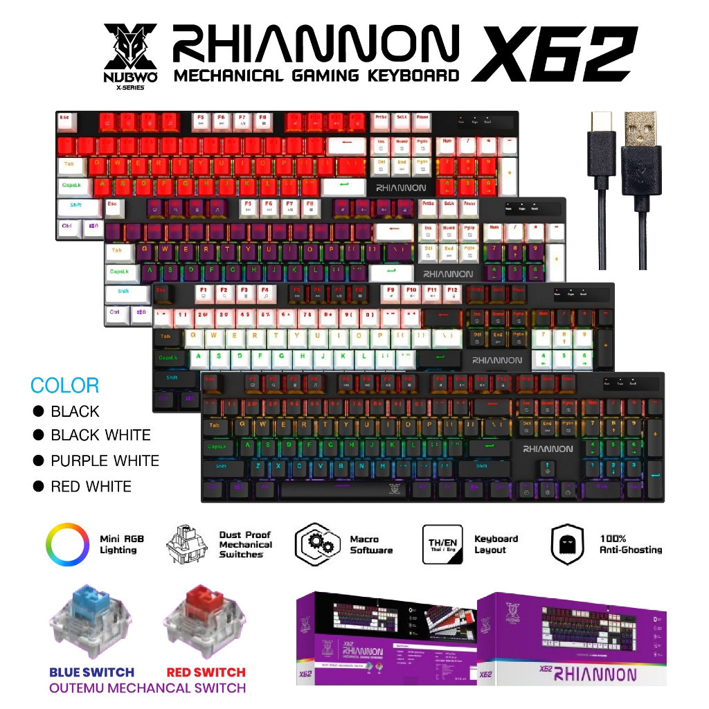 คีย์บอร์ดเกมมิ่ง NUBWO X62 GAMING KEYBORD MECHANICAL MINI RGB ดีไซน์สวยงาม แข็งแรง ทนทาน