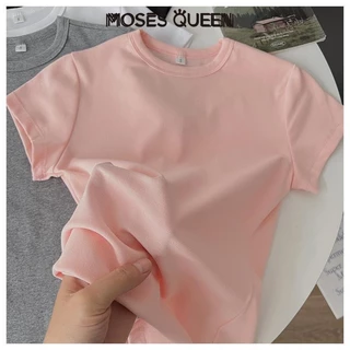 < MOSESQUEEN > เสื้อยืดไหล่ยืดหยุ่นสําหรับผู้หญิงในช่วงฤดูร้อนสลิมฟิตเอวหยิกแขนสั้นรอบคอด้านบนเสื้อผ้าสาวเลดี้ #62126