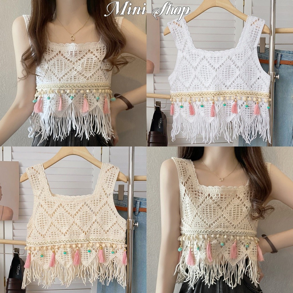 Mini shop🌸พร้อมส่ง🌸(CX00827) เสื้อถักไหมพรม สไตล์โบฮีเมี่ยน ปลายปล่อย สีพาสเทลคาวาอี้ สายเดี่ยว