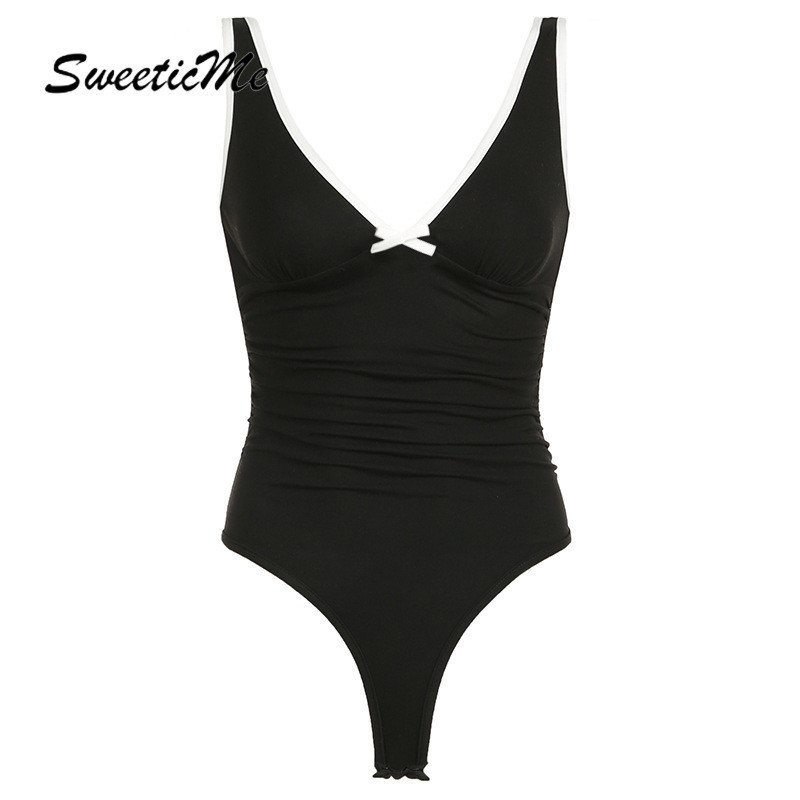 Sweeticme ใหม่ ชุดบอดี้สูท คอวี ประดับโบว์ สีตัดกัน เซ็กซี่ แฟชั่นสําหรับสตรี 2024