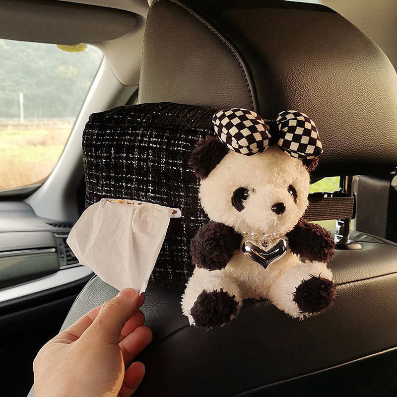 Black Chanel Style Car Tissue Box Short Plush Cute Car Tissue Bag Doll Panda Car Inner Drawer Tissue Box Case N6Vo