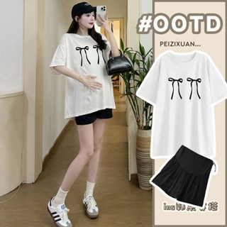 🍑✨ชุดคลุมท้อง💏ชุด 2 ชิ้นสำหรับหญิงตั้งครรภ์ ลายโบว์เสื้อ + ก…