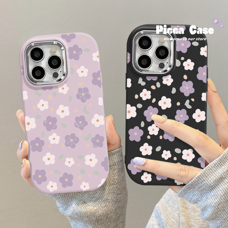 เคสโทรศัพท์มือถือโลหะ ลายดอกไม้สีม่วง และสีขาว สําหรับ Samsung A03s A12 A34 A52 A13 A05s A14 A04 A05 A54 A04s A03 A15 A22 A24 A33 A32 A50 A25 A30s A53 A51 A52s A02s A23 A50s