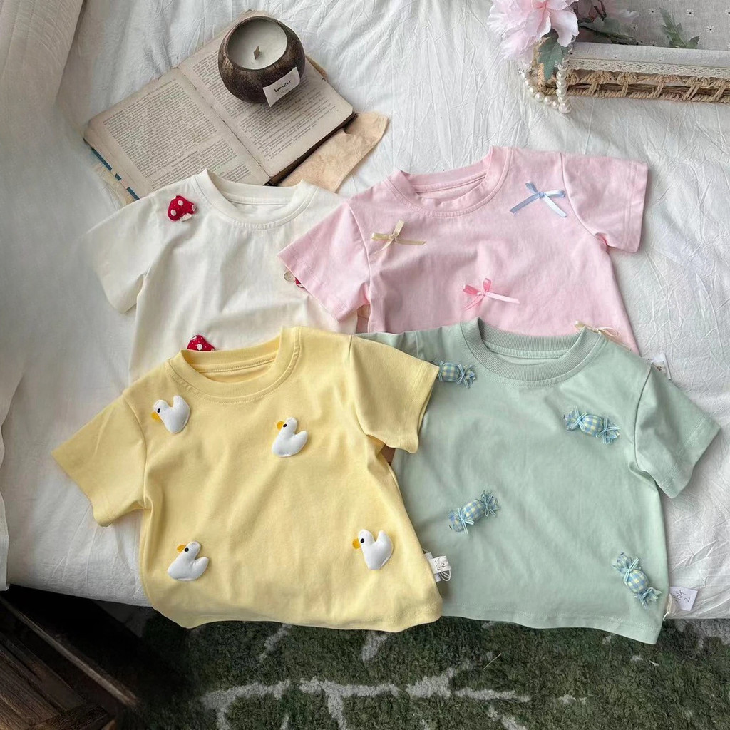 เสื้อยืดแขนสั้น สามมิติ สีพื้น สไตล์เกาหลี แฟชั่นฤดูร้อน สําหรับเด็กผู้หญิง
