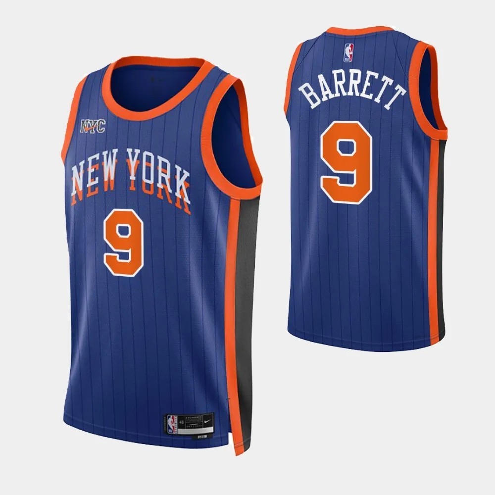 2023-24 Mens New York Knicks 9 RJ Barrett Jersey City Edition Heat-pressed Blue