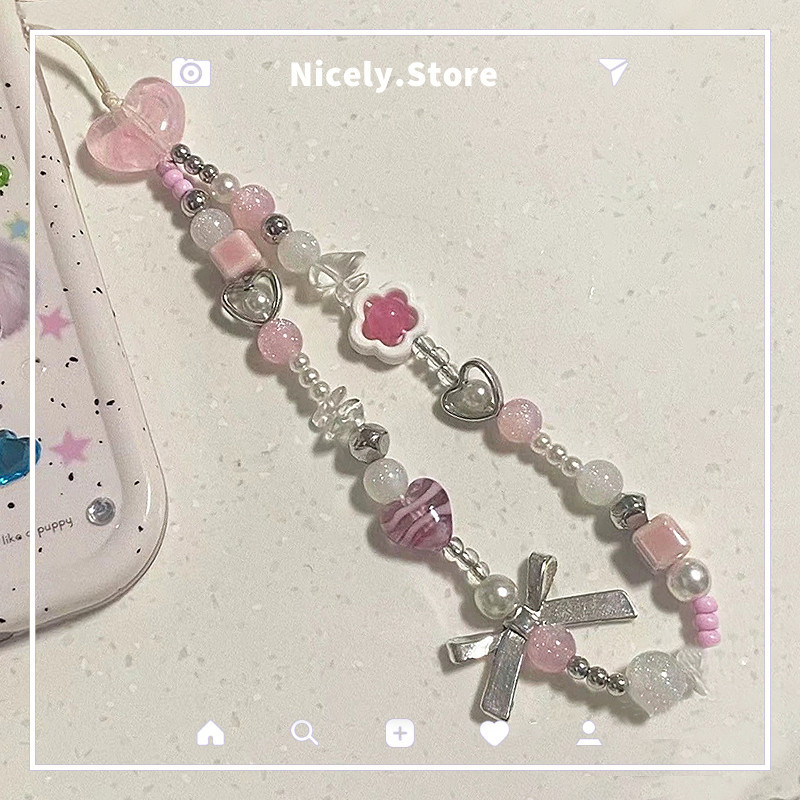 สไตล ์ เกาหลีเงิน Bowknot สีชมพู Love Heart โทรศัพท ์ พวงกุญแจ Anti-lost เครื ่ องประดับอุปกรณ ์ เสริมมือถือสายรัดข ้ อมือเชือกกล ้ อง