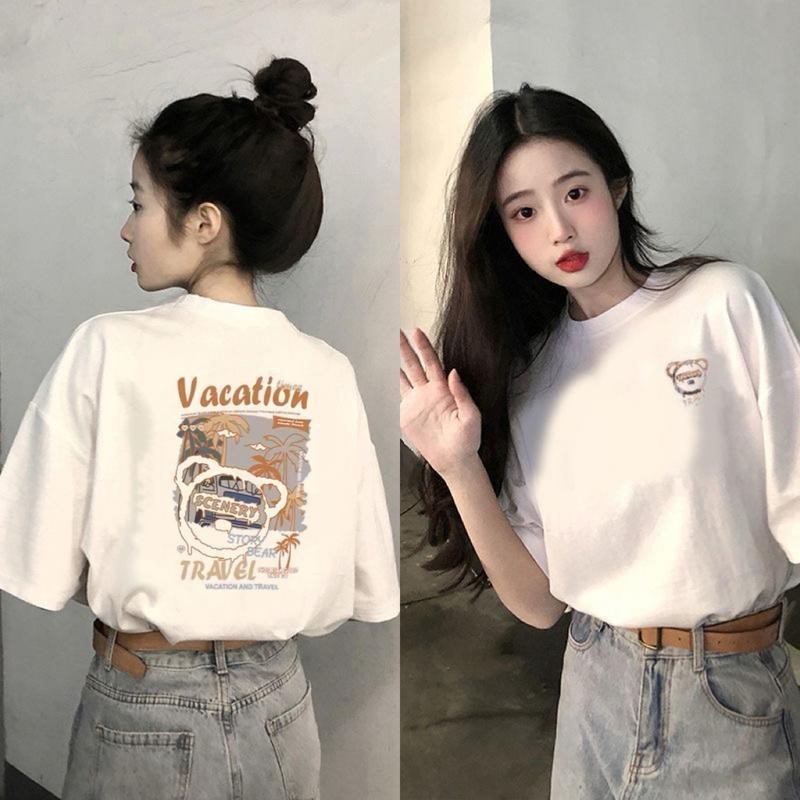 เกาหลี เสื้อแบบดารา เสื้อยืดแขนสั้น CMDXY0620 ผู้ชาย ผู้หญิง ลายทาง ตัวอักษร หลวม ลายสกรีน ฤดูร้อน ฤดูใบไม้ผลิ