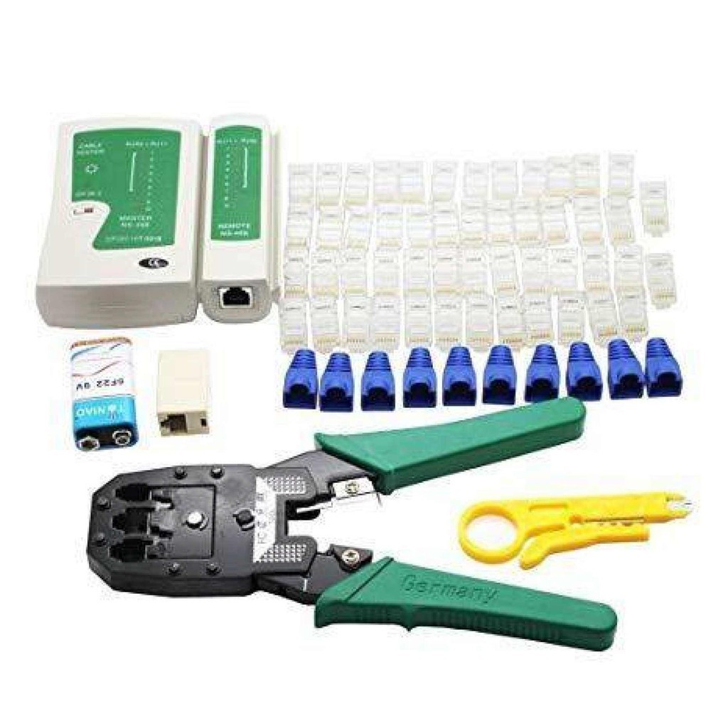 คีมเข้าหัวแลนครบชุด CAT5 CAT6 RJ45 RJ11 พร้อมที่เทสสาย + หัวแลน(10หัว) + บูทแลน (10หัว)+ ถ่าน +มีดปลอกสาย+ตัวต่อยาว