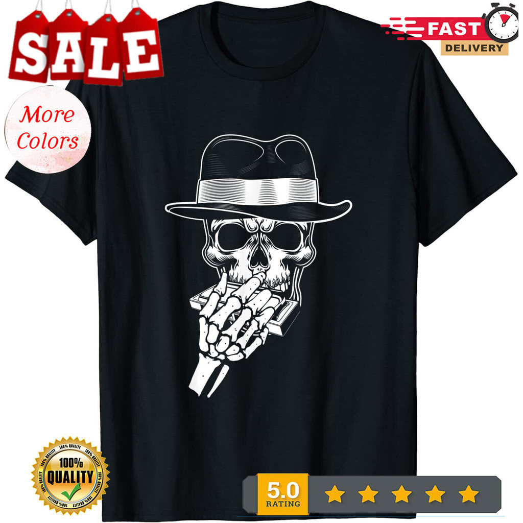 Skeleton Playing Harmonica Blues Musician Mouth Organ Player เสื้อยืด