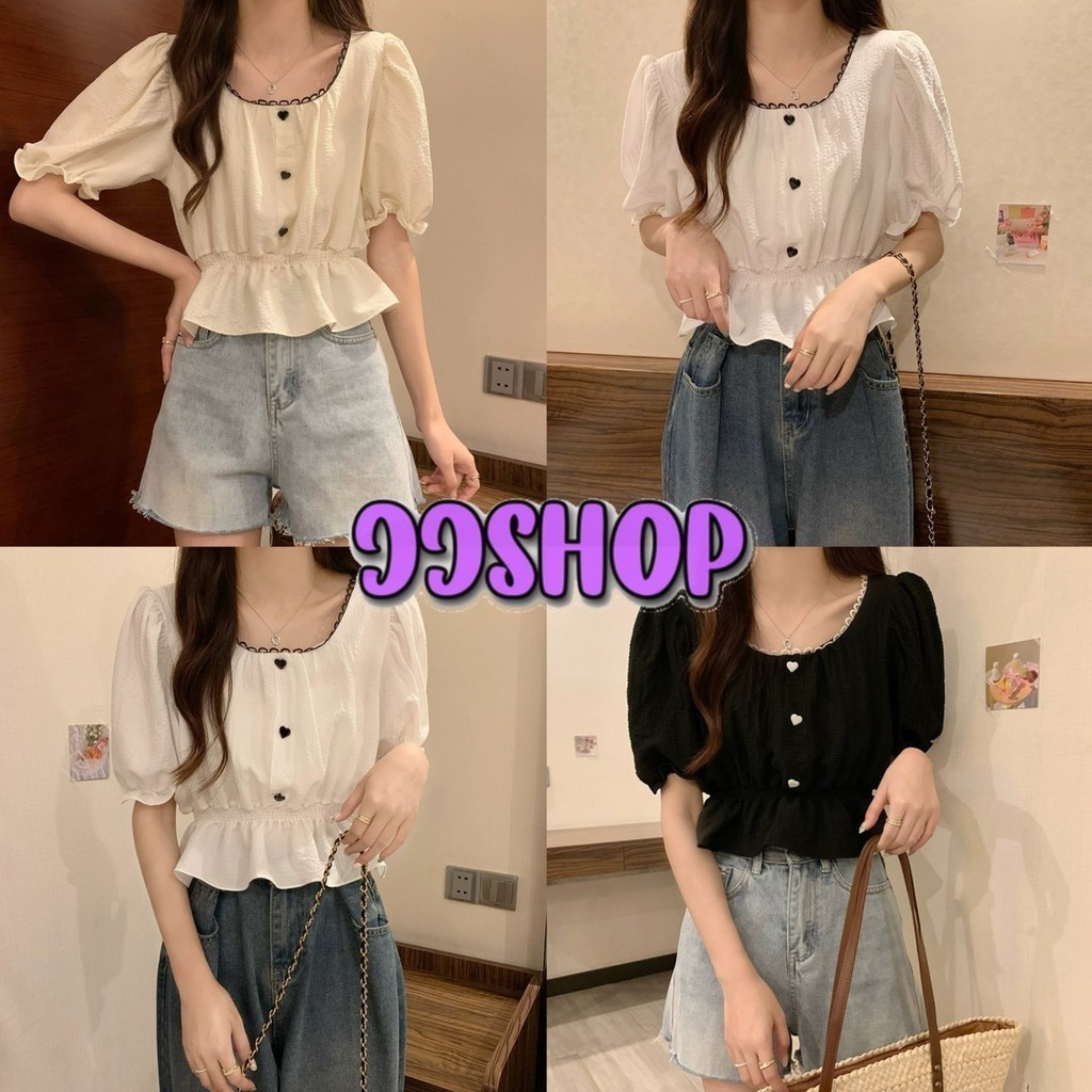 JJ Shop​ ​พร้อมส่ง เสื้อไหมพรมคอกลม แขนสั้นทรงเจ้าหญิงน่ารัก กระดุมหัวใจ "55061"