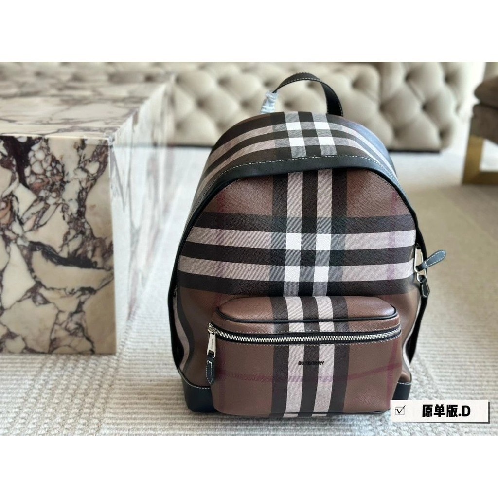 [ คุณภาพสูง ] /Men 's Bag Bbr Home Classic Plaid Letter Leather Backpack Men Women Same Style School Bag Travel Backpack Brown ZEJU
