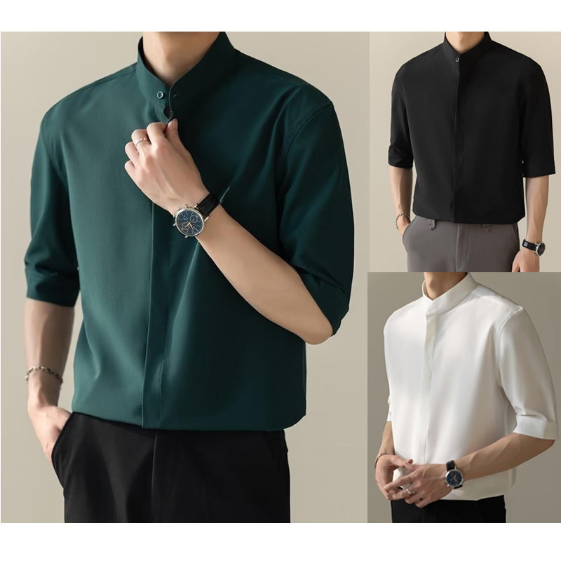 เสื้อเชิ้ตแขนห้าส่วนลําลอง ผ้าเรยอน คอปก เข้ารูป สีขาว สีดํา สีเขียว แบบเรียบง่าย สไตล์เกาหลี เหมาะกับฤดูร้อน สําหรับผู้ชาย SZ003