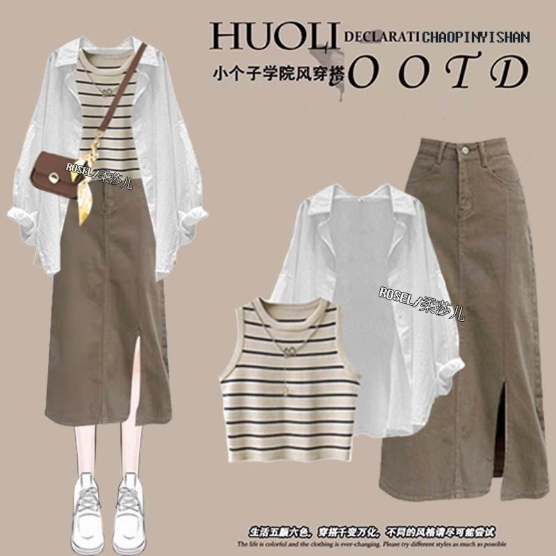 R ROSEL/ROSEL ชุดอ่อนโยนฤดูร้อนพร้อมสต็อกสไตล์ใหม่เวอร์ชั่นเกาหลี Classy เสื้อกั๊กกระโปรงแขนสั้นชุดสามชิ้น 9UYO
