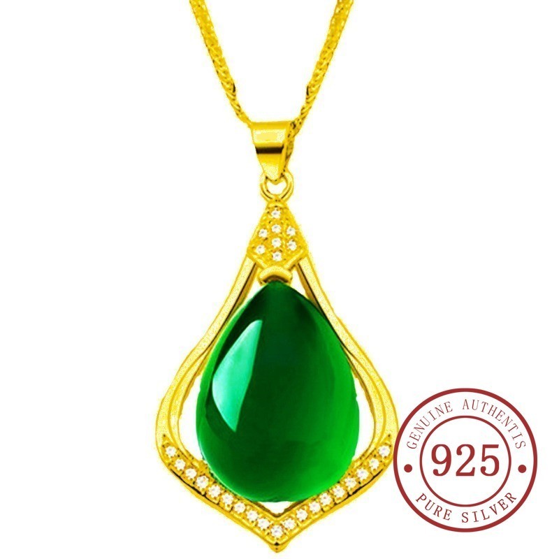 Vintage ฝังสีเขียว Chalcedony Hollow Water Drop จี้ Qixi สร้อยคอ