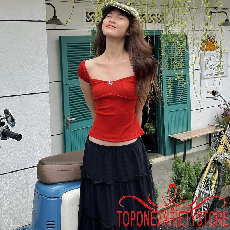 Topone-women Crop Tops สีทึบ Slim Ribbed หมวกหมวกมินิโบว์ด้านหน้าเสื้อยืด