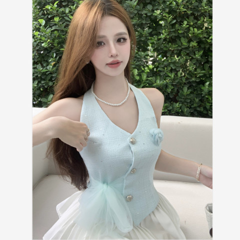 ผู้หญิงดอกไม้สวมใส่ด้านนอกขนาดเล็กสไตล์การออกแบบบริสุทธิ์สลิงท่อบนปรารถนาด้านบนหวานเผ็ดเสื้อกั๊กฤดูร