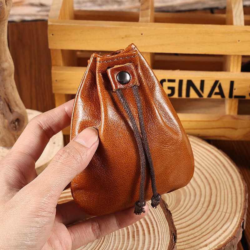 Genodern กระเป๋าใส่เหรียญหนังแท้ Mini Handmade กระเป๋าสตางค์เชือกแบบพับเก็บได้ Vintage Simple Storage Bag for Men