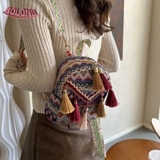โบ กระเป๋าเป้สะพายหลังพู่สไตล์ชาติพันธุ์,ความจุขนาดใหญ่ลายผ้…