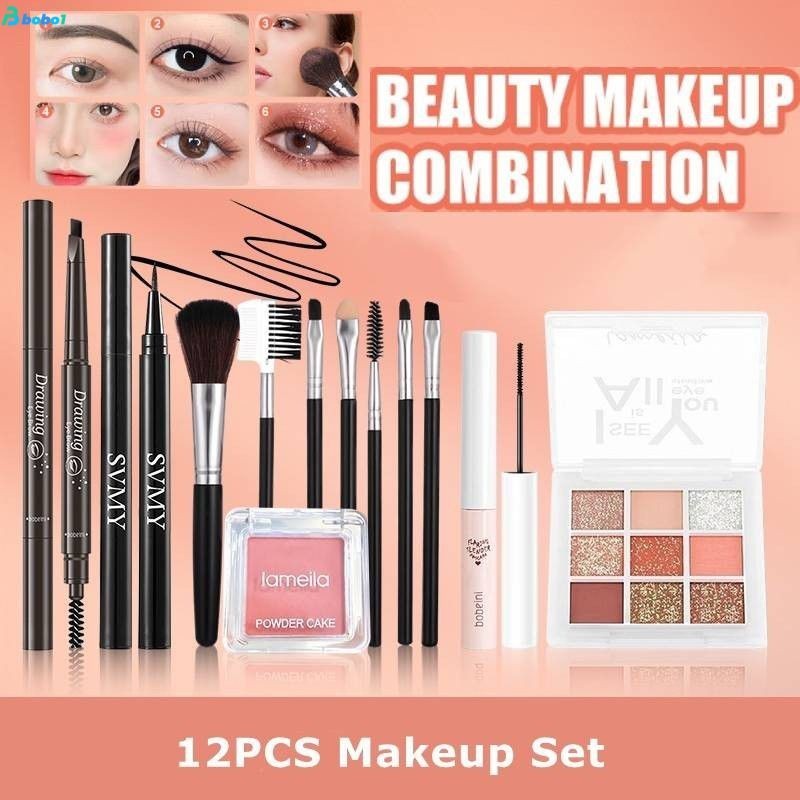 Lamiela Makeup 12 ชิ้นชุดอายแชโดว์พาเลท + ปากกาอายไลเนอร์กันน้ํา + บลัชเชอร์แป้ง + ดินสอเขียนคิ้วกันน้ํา + ชุดแปรงแต่งหน้า 7 ชิ้น + มาสคาร่าสีดําใช้งานง่ายสําหรับสามเณร