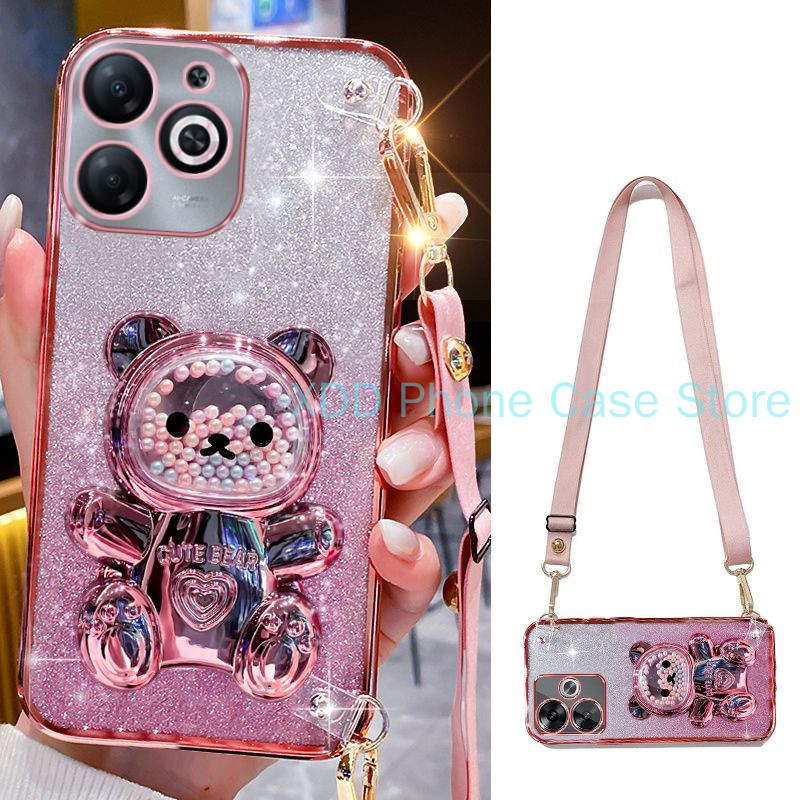 ปลอก infinix Smart 8 X6525 Hot 40i Tecno Spark GO 2024 BG6 Spark 20C POP 8 กรณีElectroplating โปร่งใส Glitter 3D Quicksand Bear Bracket เคสโทรศัพท์พร้อมCrossbody Lanyard