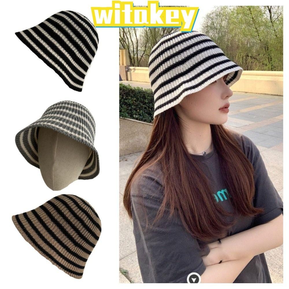 Witakey หมวกบักเก็ต, หมวกถักป้องกันรังสียูวี, แฟชั่นสีดําสีขาวลาย Sun Shading Breathable อ่างล้างหน้าหมวกเด็ก
