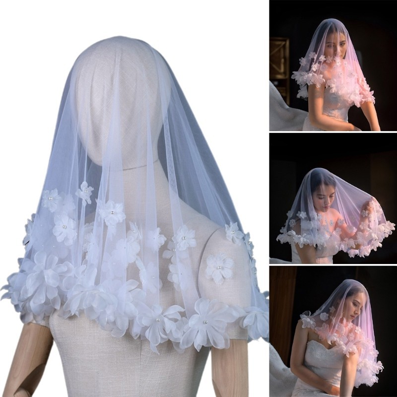 WIT ดอกไม้ Applique Veil ลูกปัดมุกที่ละเอียดอ่อน Carnivals ผู้หญิงเจ้าสาว Veil สําหรับการแต่งงานงานแ