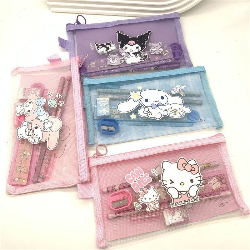 7 ชิ้น Sanrio ชุดเครื่องเขียน Kuromi Hello Kitty My Melody Cinnamoroll กล่องเด็กอุปกรณ์การเรียนเด็กดินสอยางลบไม้บรรทัด