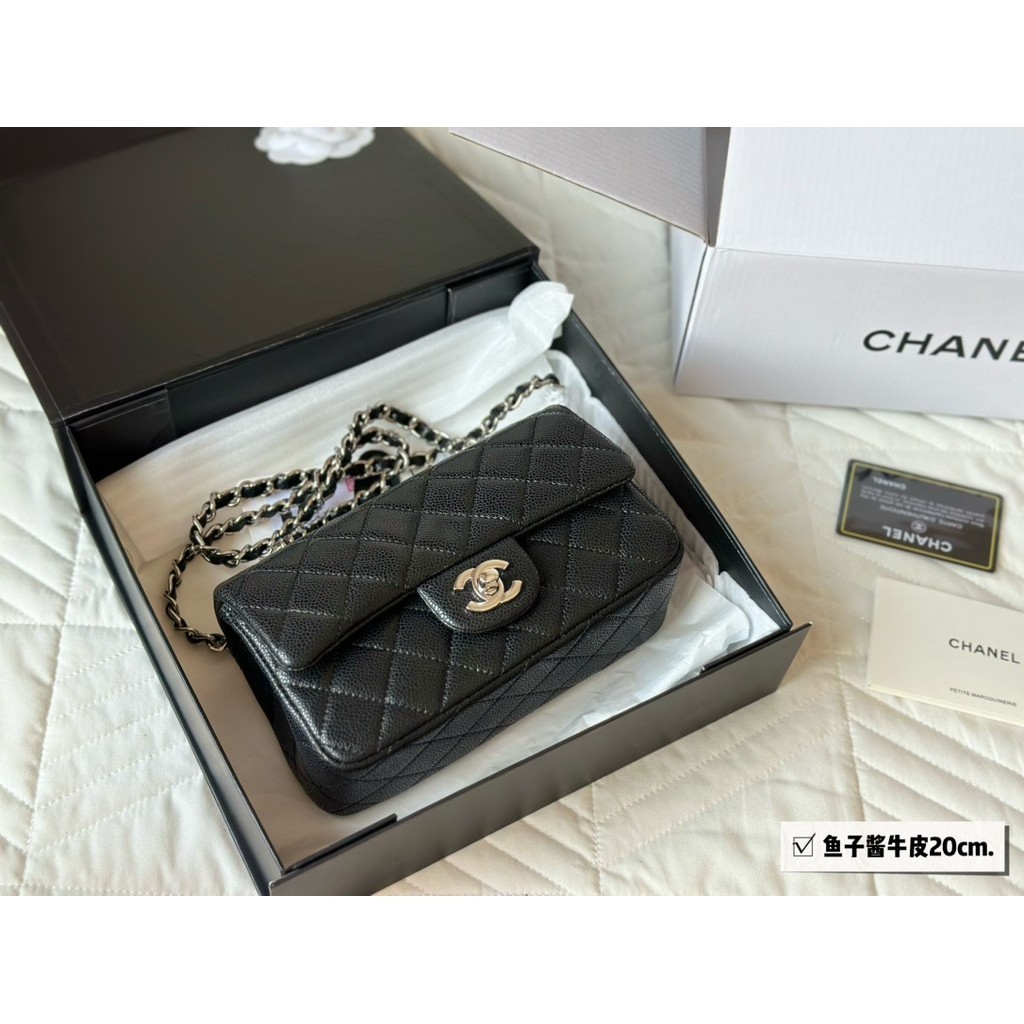 Ch * * * L CF Mini Classic Caviar หนังเนื้อ Square Fat Chain Bag สําหรับกระเป๋าสะพายสตรี 20 ซม. 284836