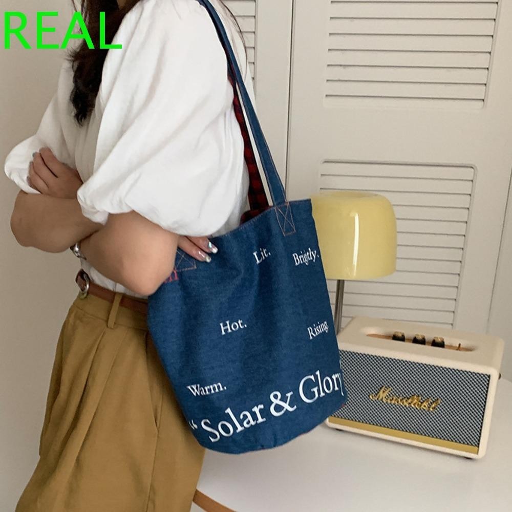Real Denim Bucket Bag, Lunch Bag Shoulder Bag Denim Tote Bag, Fashion Phone Pocket Large Capacity Canvas Handbag Shopping