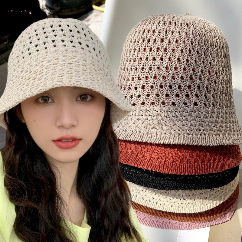 ฤดูร ้ อนปีกกว ้ างพับผู ้ หญิงหญิงฟางชายหาดหมวกแฟชั ่ น Hollow Breathable หมวกชาวประมงสีทึบถัก Sun Visor หมวก