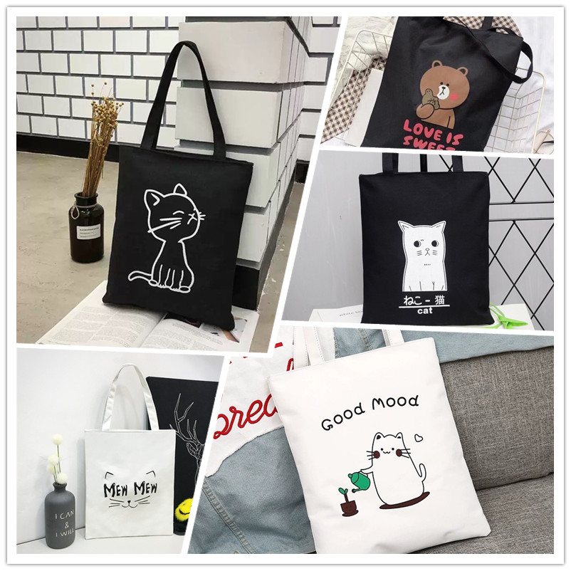 กระเป๋าผ้าสุดคิ้วท์ กระเป๋าสะพาย แมว ถุงผ้า มีซิป Tote Bag เนื้อผ้าดี สีสวย ลายสกรีน น่ารัก มีลาย